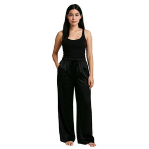 Weekend Womens Small Black Satin Shiny Casual Modern Trouser Wide Leg Pants NWT